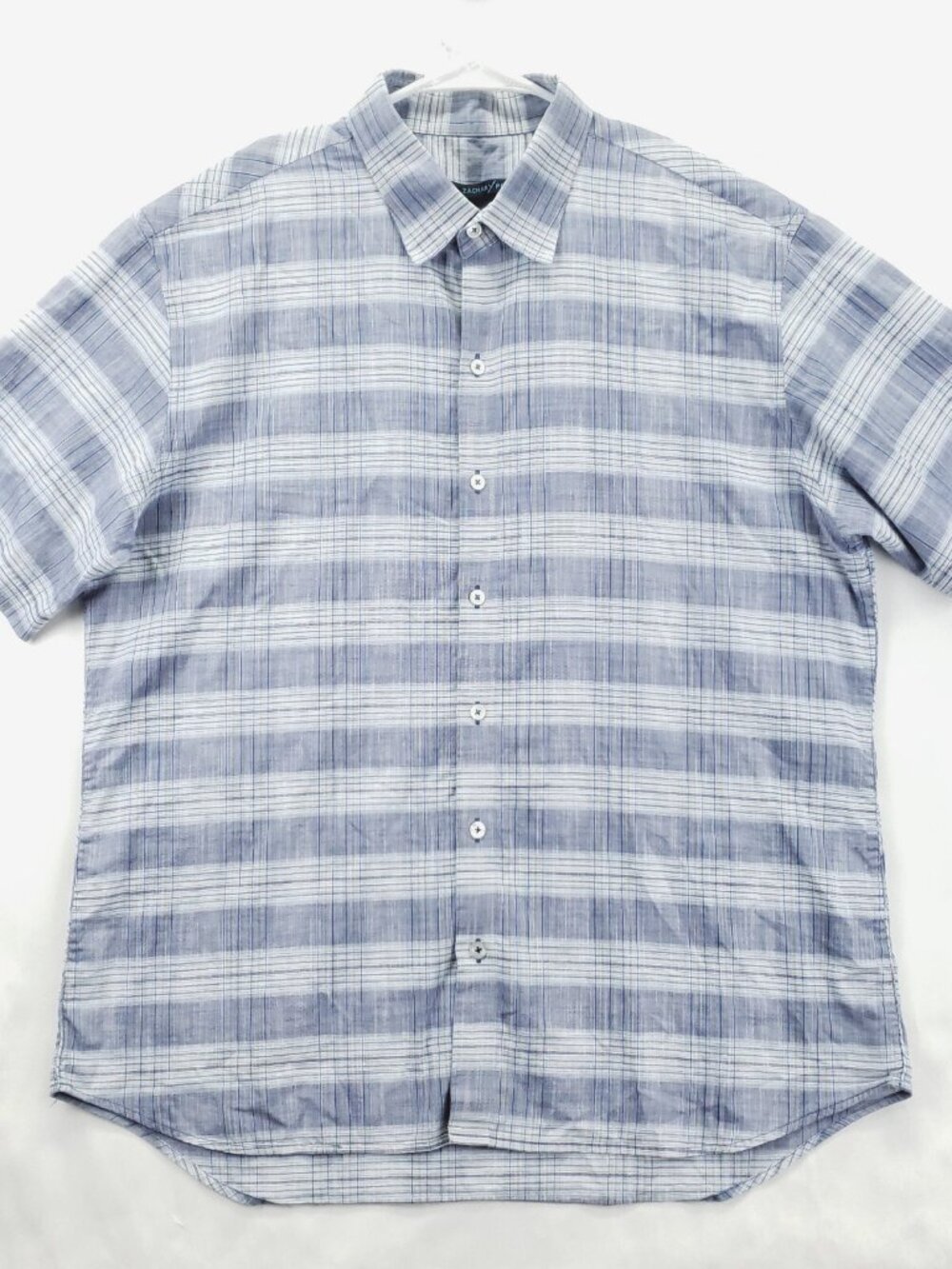 Zachary Prell Shirt Men XL Blue White Plaid Linen Short Sleeve Classic Button-Up